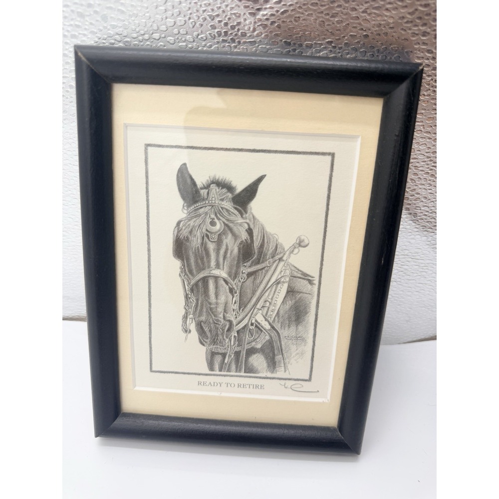 Ready to Retire Draft Horse Framed Print Signed Pencil Drawing Art Decor